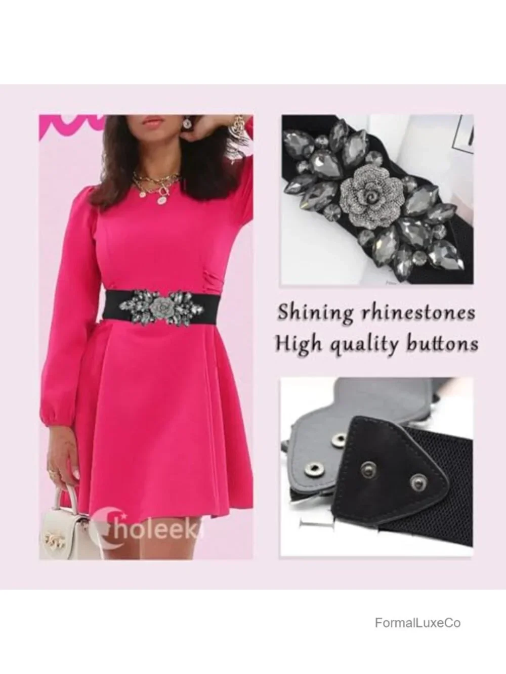 Stretchy Rhinestone Crystal Wide Waist Belt - Faux Leather